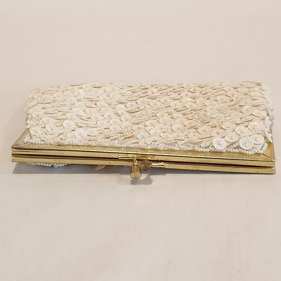 VTG Beaded Sequin Purse Ivory Evening Bag Gold Chain Strap Kisslock Handbag 6x5‎ - Picture 7 of 11